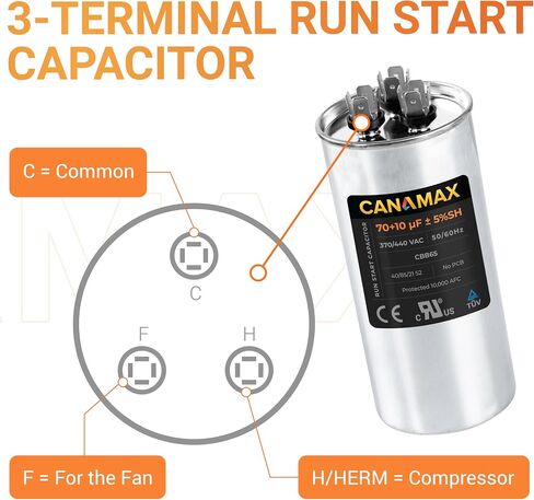 Canamax Premium 5uF mfd ±5% 370-440VAC مكثف تشغيل بيضاوي - مناسب تمامًا لتشغيل محرك التيار المتردد أو تشغيل المروحة ومكيف الهواء البارد أو المضخة الحرارية - يستبدل 97F5705 Z97F5705 97F95702 Z97F5702 in Kuwait