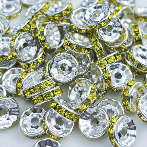 80pcs 10mm Rondelle Spacer Beads Silver Plated Crystal Rhinestone Spacer Loose Beads for Jewelry Making DIY Bracelets Necklace Earring Craft(Lemon Yellow) in Kuwait