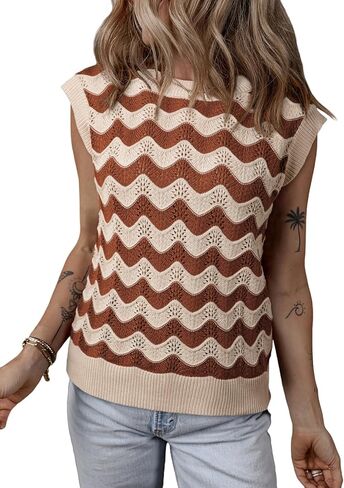 سترة SHEWIN للنساء ذات رقبة مستديرة ومخططة من الكروشيه بدون أكمام in Kuwait