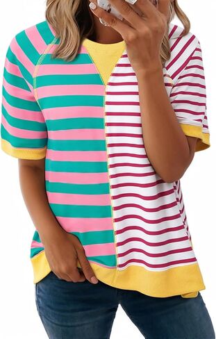 Acelitt Womens Casual Summer Short Sleeve Crewneck Color Block Sweatshirts T-Shirts Tops, S-XXL in Saudi Arabia