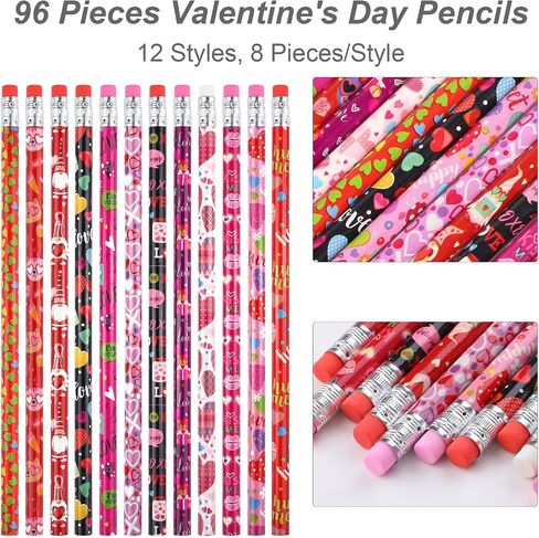 ADXCO 96 Valentines Day Pencils with Eraser and Pencil Bucket for Valentine's Day Party Supplies, Classroom Rewards, Carnival Prize, School Office Supplies in Saudi Arabia