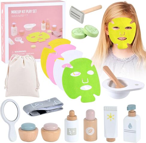 Ehome Wooden Makeup Toy Set for Toddler Pretend Play Skin Care Beauty Salon Set Wood Learning Toys, Play Spa Set with Face Mask Christmas Birthday Gifts for 3-8 Years Old, White in Saudi Arabia