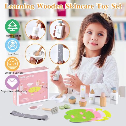 Ehome Wooden Makeup Toy Set for Toddler Pretend Play Skin Care Beauty Salon Set Wood Learning Toys, Play Spa Set with Face Mask Christmas Birthday Gifts for 3-8 Years Old, White in Saudi Arabia