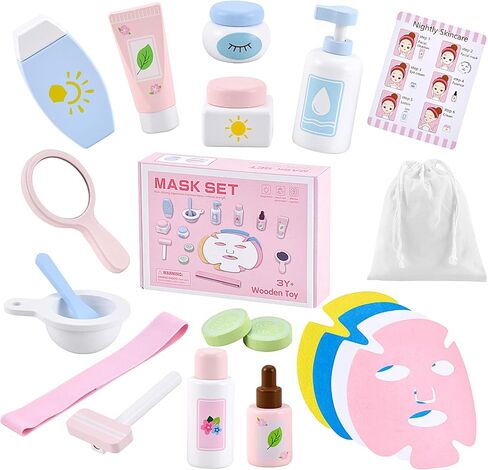 Ehome Wooden Makeup Toy Set for Toddler Pretend Play Skin Care Beauty Salon Set Wood Learning Toys, Play Spa Set with Face Mask Christmas Birthday Gifts for 3-8 Years Old, White in Kuwait