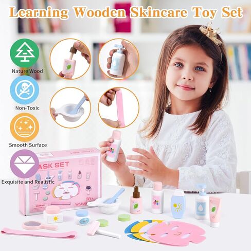 Ehome Wooden Makeup Toy Set for Toddler Pretend Play Skin Care Beauty Salon Set Wood Learning Toys, Play Spa Set with Face Mask Christmas Birthday Gifts for 3-8 Years Old, White in Kuwait