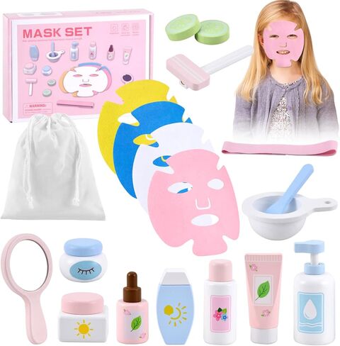 Ehome Wooden Makeup Toy Set for Toddler Pretend Play Skin Care Beauty Salon Set Wood Learning Toys, Play Spa Set with Face Mask Christmas Birthday Gifts for 3-8 Years Old, White in Kuwait