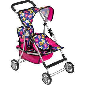 fash n kolor Twin Baby Doll Stroller - Pretend Play Baby Stroller for Dolls - Toy Stroller with Storage Basket for Baby Doll Accessories Set - Flower Design Baby Stroller Toy for Kids - Folds Easily in Kuwait