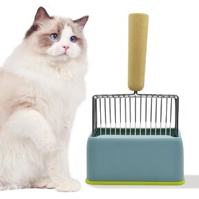 Cat Litter Scoop with Holder,Metal Cat Scooper for Litter Box with Wooden Handle,Kitty Litter Scoop with Durable Washable Base Stand Heavy Duty Cat Litter Box Scooper for Easy Fast Sifting（Blue）