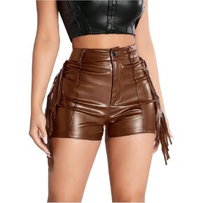 Women's High Waist Fringe Trim PU Leather Club Party Shorts Straight Leg Mini Shorts