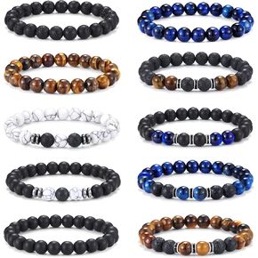 10PCS Tiger Eye Bracelet For Men 8MM Natural Stone Beads Bracelet Set Stretch Lava Rock Bracelets Adjustable Black Crystal Beaded Bracelet for Men Women Gifts