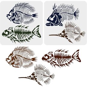 FINGERINSPIRE 2 pcs Fish Fossils Drawing Stencil 11.8x11.8inch Reusable Fish Bones Family Decoration Template DIY Craft Fish Stencils for Painting on Wall, Furniture, Fabric, Wood and Paper