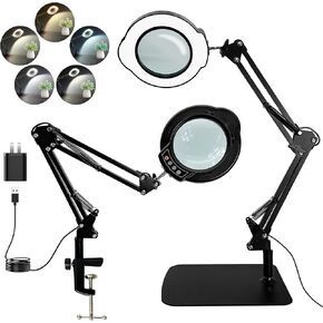 12X Magnifying Glass with Light and Stand,2-in-1 LED Desk Lamp & Clamp,5 Color Modes Brightness Stepless Dimmable,Magnifier with Light Hands Free,Reading,Hobby Close Work
