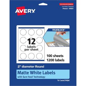 Avery TrueBlock Matte White Round Labels with Sure Feed, 2" Diameter, 120 Matte White Labels, Print-to-The-Edge, Laser/Inkjet Printable Labels, Great for Stickers and Product Labels