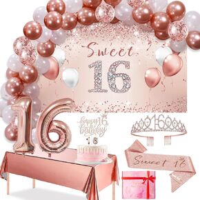 Trgowaul 16th Birthday Decoration Balloon Set Girls Arch, Rose Gold Sweet 16th Birthday Banner and Party Tablecloth, Belt and Tiara, Pink Gold 16th Balloon, Pink Birthday Cake Top, Latex Balloon * 60