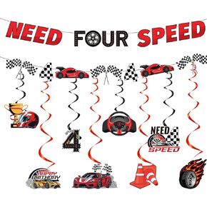 Need Four Speed Birthday Decorations, 10 Pcs 4th Birthday Decorations, Race Car Checkered Flag Banner Garland for 4 Year Old Boy, Racing Celling Decor Party Supplies