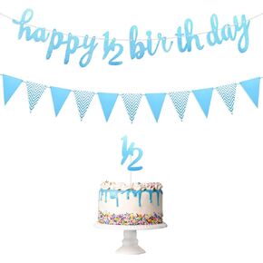 Tiesome Happy 1/2 عيد ميلاد لافتة ، 6 أشهر عيد ميلاد سعيد لافتة المثلث المثلث لافتة بريق 1/2 ديكور كعكة عيد ميلاد نصف عيد ميلاد لافتة لمدة نصف سنة دش الطفل (الأزرق)