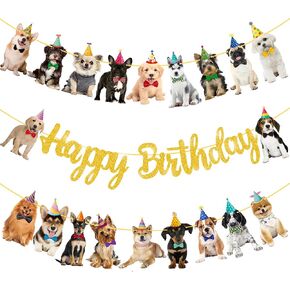 Dog Happy Birthday Banner Decorations Baby Dog Birthday Party Supplies Gold Glitter Puppy Birthday Banner Decorations for Pet Dog Theme Party Bunting Decoration Baby Shower Party Supplies