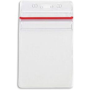 50 Pack - Vertical ID Badge Holder with Sealable Red Stripe