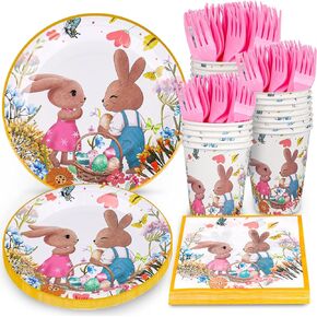 Atonofun Easter Party Supplies, Easter Plates and Napkins Set, Easter Party Plates and Cups, Napkins and Cutlery for Easter Decorations and Easter Themed Parties, Serves 24