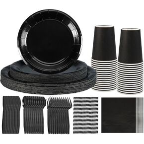 NASUN Party Tableware Set 192 Pieces For 24 Guests Party Decoration Dinnerware Kit Includes 24 Biodegradable Plates, Forks, Knives,Cups, Napkins, Straws and Spoons for Brithday Party Solid Black