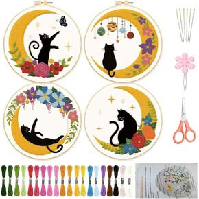 ORIGACH 4 Pack Cat Moon Embroidery Kits for Beginners, DIY Starter Hand Embroidery Kit with Cat Moon Floral Patterns and Instructions, Cat Pattern Embroidery Starter Kit for Adults Women Crafting