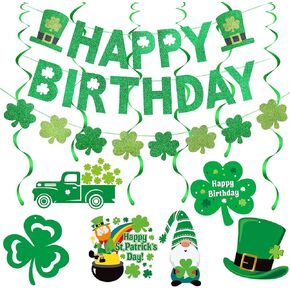 Green Happy Birthday St Patricks Day Banner and Shamrock Garland, Happy Birthday Banner St Patricks Day Birthday Banner for Happy Saint Patricks Day Birthday Decorations
