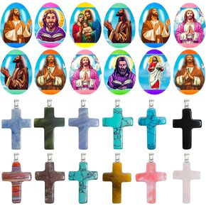 12 Pcs PreFilled Easter Eggs with Cross Crystal Stone Bulks 1'' Natural Crystal Gemstones Cross Shaped Worry Stones for Kids Easter Eggs Hunt Easter Basket Stuffers Party Favors Gifts