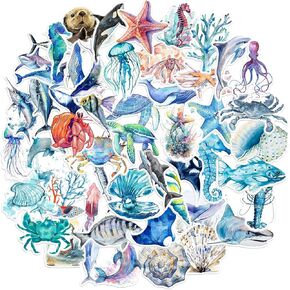50Pcs Ocean Animals Stickers, Waterproof Adhesive Fish Decals Undersea Marine Life Stickers Ocean Stickers for Kids for Birthday Party Scrapbook Skateboard Phone Laptop
