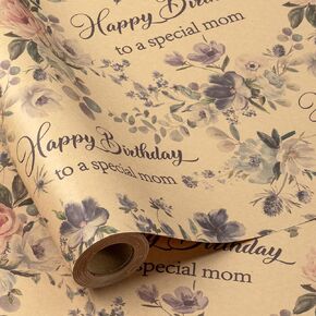 RUSPEPA Kraft Wrapping Paper Roll for Mom - Mini Roll - Flower and Happy Birthday to special mom Pattern Great for Mother, Birthday, Party and Any Occasion - 17 Inches X 16.4 Feet