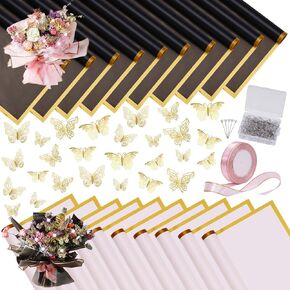 Magnoloran 157Pcs Flower Bouquet Wrapping Paper Kit, 20 Sheet Black&Pink Waterproof Floral Packaging Paper with Ribbon, 100Pcs Diamond Pins, 36Pcs Gold Butterflies for Valentine Wedding Graduation