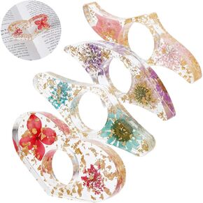 Giantree 4Pcs Dried Flower Book Holder, Handmade Thumb Book Page Holder Resin Clear Floral Book Holder Reading Accessories Ring Book Opener Bookmarks for Teachers Book Lovers