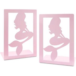 Pink Mermaid Bookends for Girls,Cute Mermaid Princess Bookends Metal Book Ends Shelves Organizer Metal Book Stands Journal Book Holder Reading Room Decorative Bookends for Office Home School