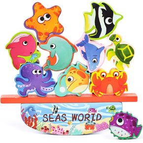 3 otters 12PCS Wooden Dinosaur Toys for Kids, Wooden Stacking Montessori Toys for Toddlers Balance Competition Game Boy Family Birthday Gifts