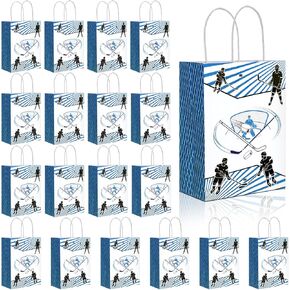 18 Pcs Hockey Paper Gift Bags Candy Goody Sport Theme Treat Bags with Handle Party Favors for Celebration Hockey Game Birthday Party Supplies Decorations Field Gifts Snack Goodie