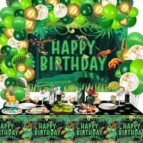 Reptile Birthday Party Supplies, Includes Happy Birthday Backdrop, Tablecloth, Balloons, Jungle Swamp Wilderness Snakes Lizard Alligator Turtle Birthday Decorations for Kids Boys Birthday Party Decor