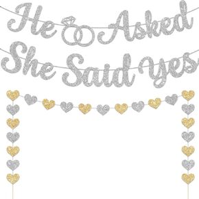 He Asked She Said Yes Banner Silver Glitter, No-DIY She Said Yes Decorations Banner with Heart Garland, Engagement Party Decorations Silver for Wedding Engagement Bridal Shower Party Decorations