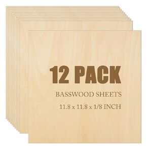 12Pack Basswood Sheets 1/8 Inch, 3mm Plywood Sheets 11.8 x 11.8 Inch Unfinished Squares Wood Boards for Laser Cutting Crafts DIY Architectural Models Drawing Painting Wood Engraving Wood Burning