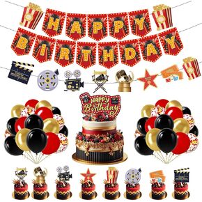 Movie Theme Birthday Party Decoration Happy Birthday Banner Movie Theme Party Decorations Movie Theater Decorations Cake Cupcake Toppers Balloons for Movie Night Party Supplies