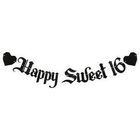 Happy Sweet 16 Banner - Gothic 16th Birthday Party Decorations, Happy 16th Birthday Banner for Teens, 16 & Fabulous, Gothic Letter Banner for 16th Birthday Black GLitter