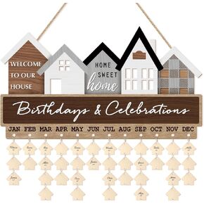 TOARTi Cute House Shaped Birthday Calendar Wall Hanging with 100 pcs Tags (18.5''x10.4''), DIY Rustic Home Sweet Home Family Birthday Celebration Reminder Board, Wooden Birthday Calendar Tracker Plaque for Home Office
