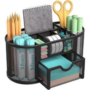 MaxGear Office Desk Organizer - 6 Compartment Pen Holder & Drawer, Metal Mesh Desktop Organizer with Non-Slip EVA Pad, Black Desk Caddy, 8.7" x 5.5" x 5"