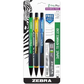 Zebra Pen Z-Grip Plus Mechanical Pencil, 0.7mm, Bonus Lead and Erasers, Assorted Barrel Colors, Green, Yellow, Blue, 3 Pack (55403), Blue, green, Yellow