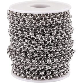 32.8 Feet 304 Stainless Steel Rolo Chains Stainless Steel Color Unwelded Metal Cross Link Chains with Spool 5x1.5mm for DIY Bracelet Necklace Jewelry Crafts Making