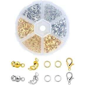 460 Pcs Jewelry Making Accessories Set Includes 200 Pcs Open Jump Ring Connectors 200 Pcs Bead Tips Knot Covers and 60 Pieces Lobster Claw Clasps for DIY Jewelry Making (Gold, Silver)