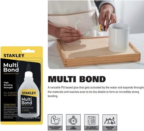 Stanley Multi Bond Polyurethane Adhesive Glue - 1 x 2.36 fl.oz-Fast Curing for Woodworking, Plastic, Wood, Metal Crafts and Hobby, Clear, 2.36 fl.oz.- 1 Pack in Kuwait