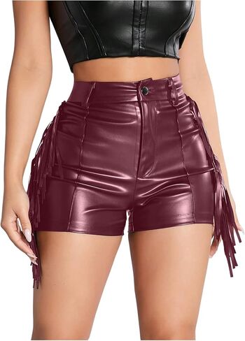 Women's High Waist Fringe Trim PU Leather Club Party Shorts Straight Leg Mini Shorts in Saudi Arabia