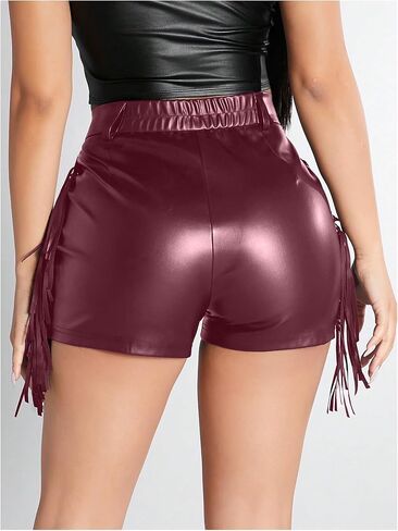 Women's High Waist Fringe Trim PU Leather Club Party Shorts Straight Leg Mini Shorts in Saudi Arabia