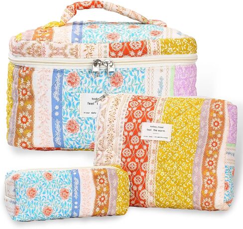 3Pcs Quilted Makeup Bag - Cotton Large Floral Makeup Bag, Travel Cosmetic Bag Cute Flower Aesthetic Floral Toiletry Organizer Bag Set for Women (09Off White-Bear) in Saudi Arabia