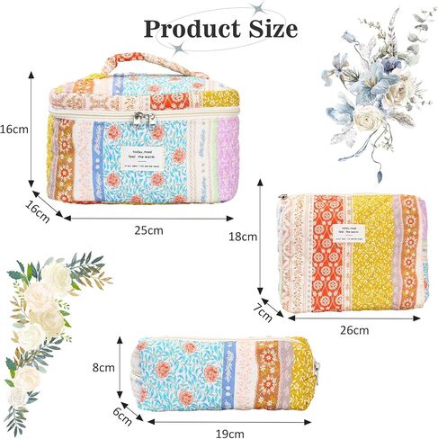 3Pcs Quilted Makeup Bag - Cotton Large Floral Makeup Bag, Travel Cosmetic Bag Cute Flower Aesthetic Floral Toiletry Organizer Bag Set for Women (09Off White-Bear) in Saudi Arabia