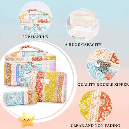 3Pcs Quilted Makeup Bag - Cotton Large Floral Makeup Bag, Travel Cosmetic Bag Cute Flower Aesthetic Floral Toiletry Organizer Bag Set for Women (09Off White-Bear) in Saudi Arabia